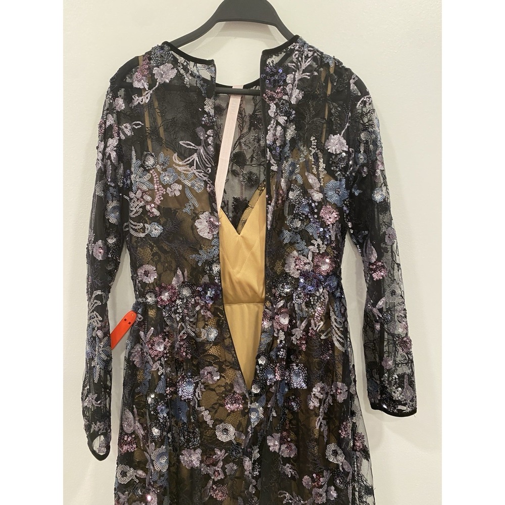 MacDuggal Illusion Floral Long Sleeve Fit Flare Dress Black Beaded Sequin NWT 4 - Picture 5 of 16